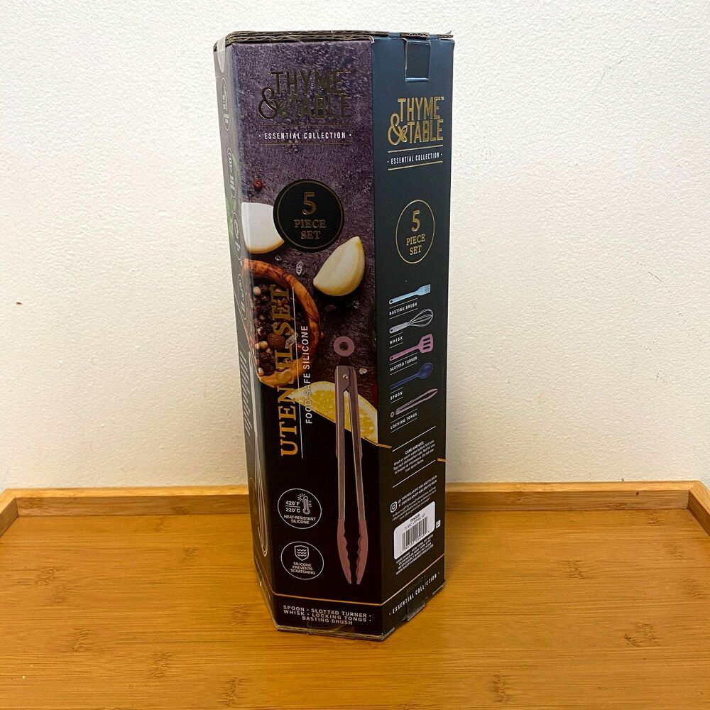 Thyme & Table Silicone Utensils 5 Piece Set Tongs, Brush, Whisk, Turner & Spoon